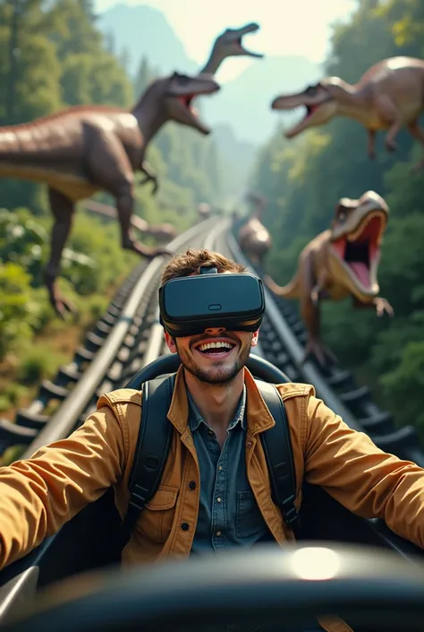 one man enjoying with VR headset on roller coaster riding faster and watching dinosaurs