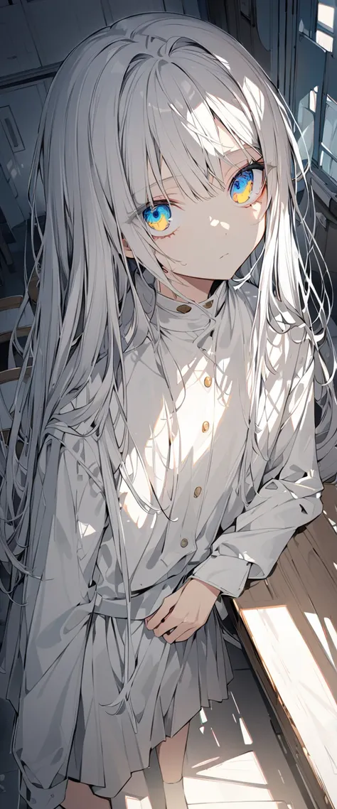 long white hair , Odd eye, Blue eyes, Yellow eyes, Expressionless, pretty,  beautiful , dry, skirt, , classroom