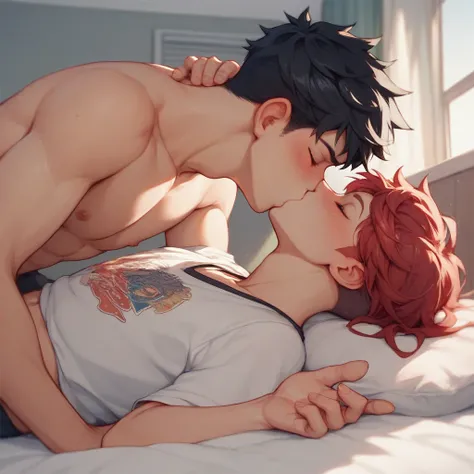 Create a manga image , of two boys,  teenagers,  one has black hair and the other red hair, kissing,  on the bed and we are both blushing,  the view from the ceiling  