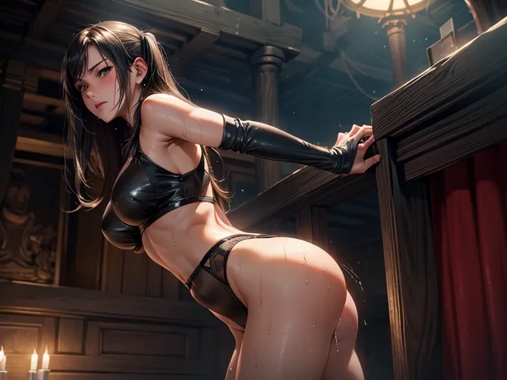 (masterpiece, best quality) detailed, full body,1girl,lingerie , wet, sweat, temple,tifa lockheart,facing forward, open legs, excessive pussy juice,pussy juice stain, blush