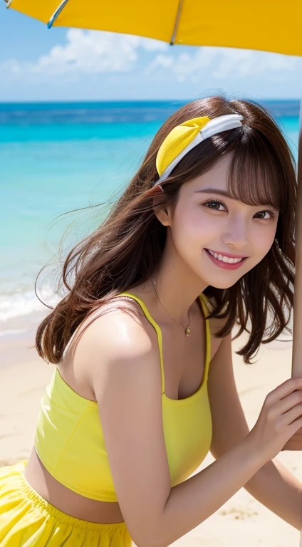 (( top quality、 table top in front of you、8k、 Max Image、 Extremely complex and detailed ))、(1 person photo:1.1)、( smiling under a colorful beach umbrella:1.2)、( bright yellow short dress :1.1)、( figure holding a beach ball :1.2)、( colorful and fun summer a...