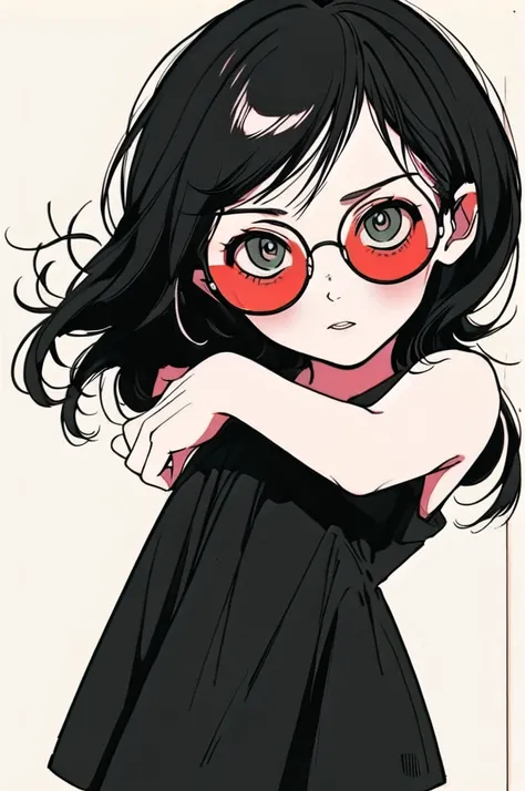  half-open eyes, Long, slender eyes ,  wearing glasses , (better quality, :1.2),  1 girl,  detailed lips from home,  black dress,custom, (Monochrome dark background),Neon Hair,texture cut , Until then,  CLASSIC RETRO STYLE, Black Dark, ( short black bob ha...