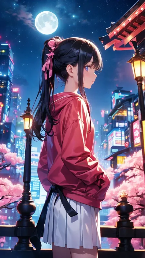  1 girl 、Beauty、((Stand to the left of the angle of view))、 long hair up to waist 、Pink and black hair、 night view、Japan、City、Beauty fanart  ,  black hoodie 、 long white skirt 、 anime style,  realistic anime 3d style  ,、 back view、((Turn to the right))、 pu...