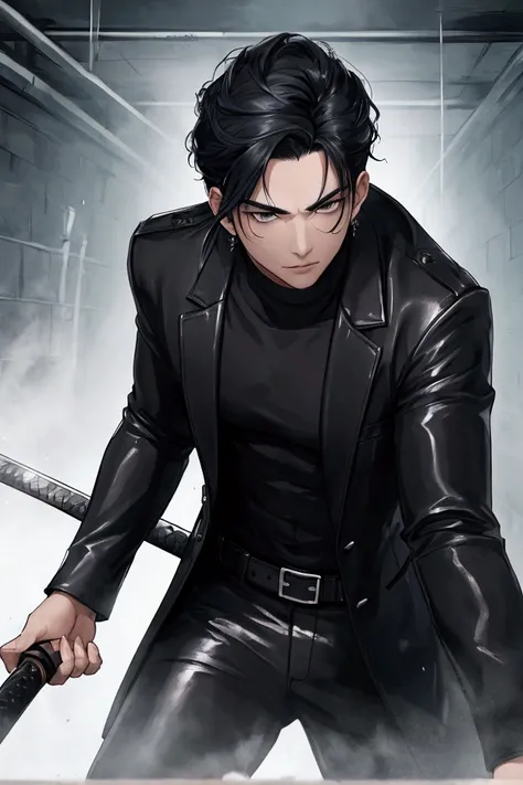 (masterpiece, best quality), In Ice Dungeon, a man with black hair and black eyes wearing a black long coat, white tee and black leather pants is holding a long sword in his hand and aiming at someone.