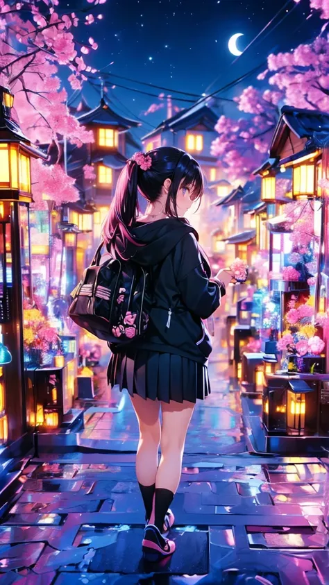  1 girl 、Beauty、((Stand to the left of the angle of view))、 long hair up to waist 、((Pink and black hair))、Straight Hair、 night view、Japan、City、Beauty fanart  ,  black hoodie 、 White Long Pleated Skirt、 anime style,  realistic anime 3d style  ,、 back view、...