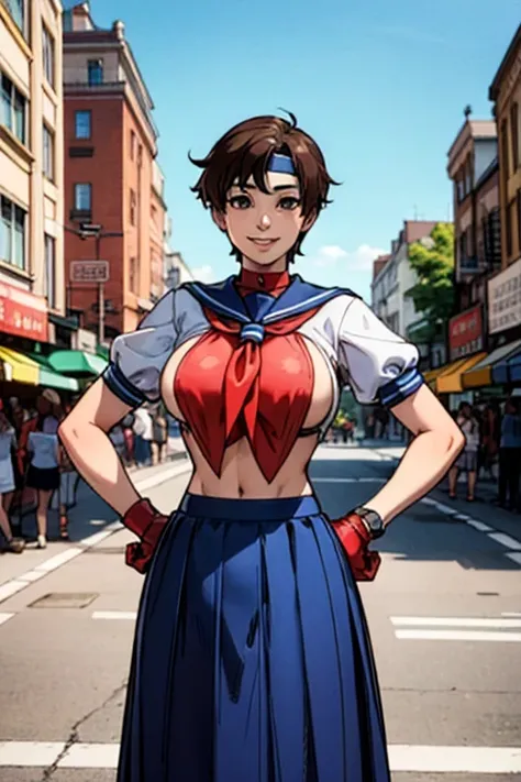 Kasugano Sakura,  Brown Eyes ,  short brown hair ,  white headband , Sailor collar, School, Short sleeve, belly button, Blue Skirt, Red gloves,  watch viewers, smile,  standing, Mid Shot,  outside, city, street, market, crowd, hands on hips,  blue sky,  Hi...