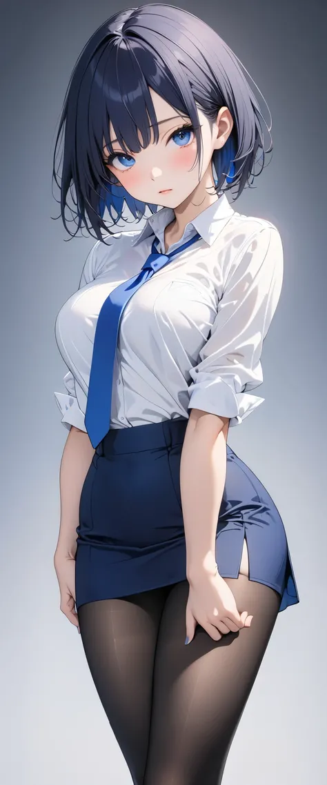 (Anime style face), (((Very fitted white shirt 、Navy blue jacket、 blue tie 、 The dark blue tight miniskirt has a slit、 black pantyhose 、 high heels))),   top quality,  top quality, 16k,  very detailed, 2.5D, AI-generated, Delicate and dynamic,  Very Delica...