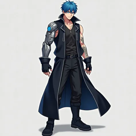 action movie style, no ArtStation, , + Anime 8K, Berserk art style, l background, of action style ,  concept art inspired by Fortnite  ,  trends on Artstation , a thin,  calm-looking anime character with blue hair and back eyes and a (a) Serious(a),  deter...