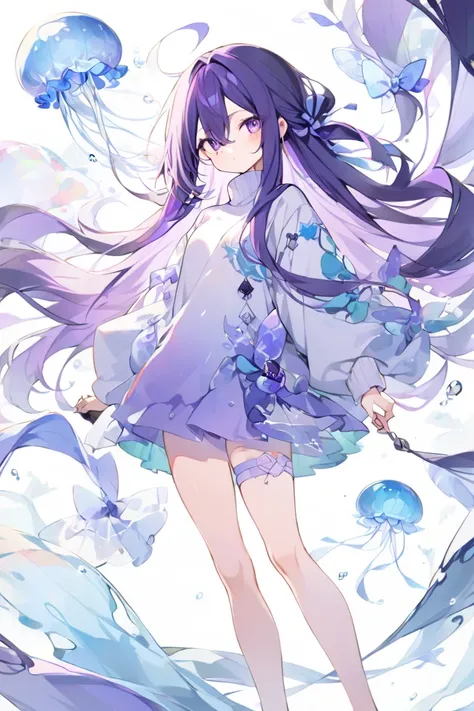  1 girl , watercolor、 multi-colored hair((  long、Purple 、blue))、purple gradient long bangs ((  hair between eyes ))、turtleneck long sleeve shirt、 character design, A jellyfish drifts behind