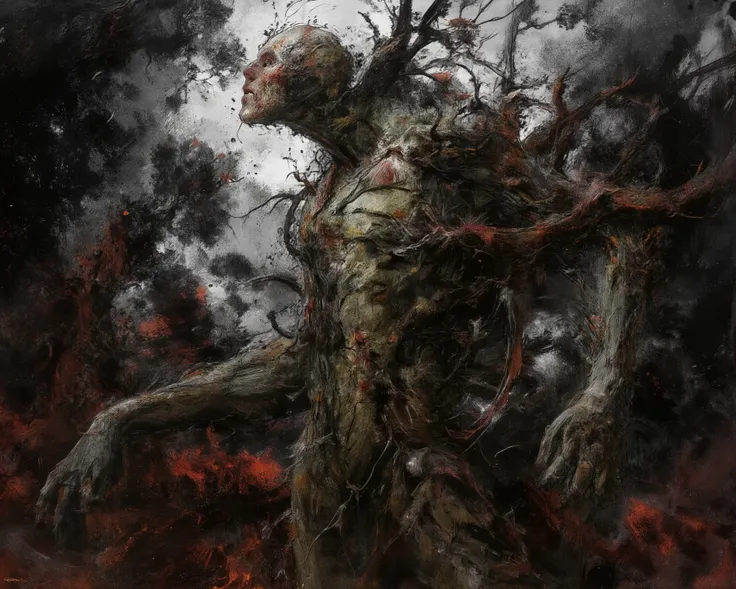 Disconcerting artwork, a figure is depicted mid-metamorphosis into a tree. The skin is peeling away to reveal woody bark beneath, while the limbs are stretching and morphing into gnarled branches. The face contorts in silent agony as vines and leaves sprou...