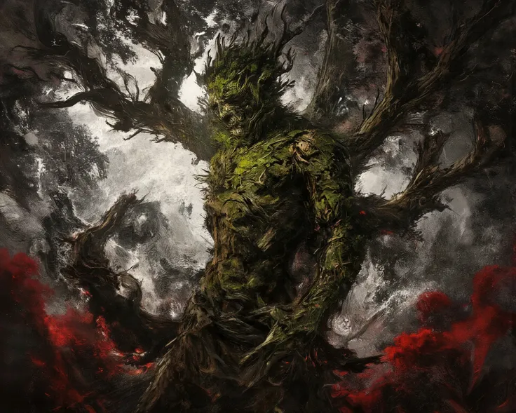 Disconcerting artwork, a figure is depicted mid-metamorphosis into a tree. The skin is peeling away to reveal woody bark beneath, while the limbs are stretching and morphing into gnarled branches. The face contorts in silent agony as vines and leaves sprou...