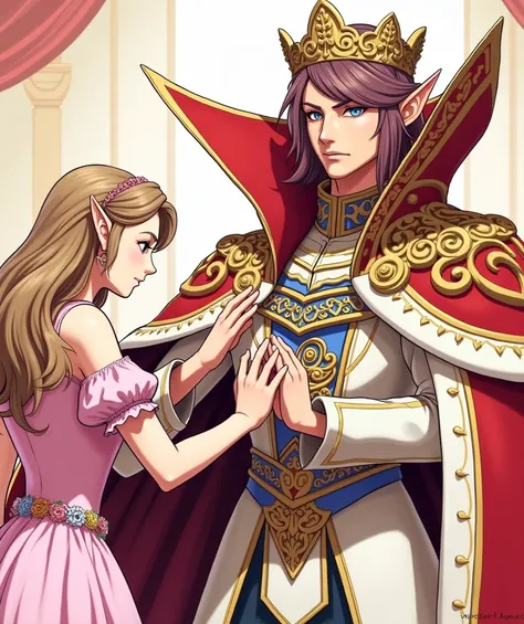 Anime, Princess Zelda wearing a Pink Dress with a tiny Medici Collar while bowing to her Emperor hes wearing a wearing a Large Red and Gold Polo with a Massive Collar thats taller than his head