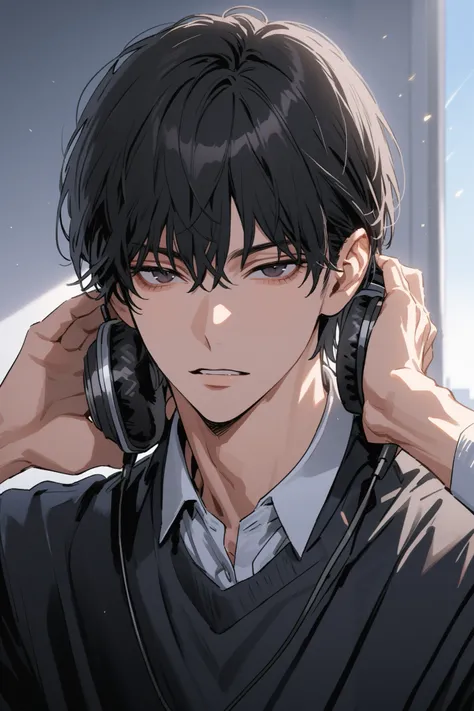 masterpiece, perfect, man, handsome, short to medium black hair, dark eyes, student uniform, cool face, slightly open lips, music student, wearing headphones