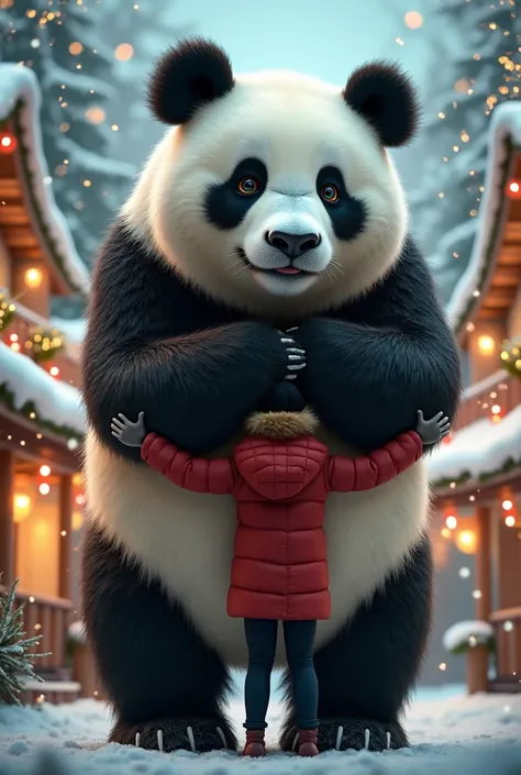 A person holding a panda the size of that person. In the background, We have a Christmas scenario 