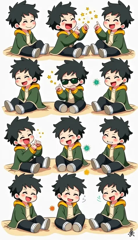 (((chibi style illustration magical laugh, multiple angles line stamps, 12 divisions, funny cute,short hair black ))) He wears a green jacket, He wears black pants, He wears white sneakers, He has short black hair, He has green eyes, He wears sunglasses ,o...