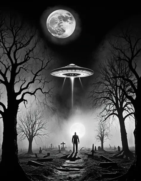 A surreal night scene with a desolate graveyard under a massive, glowing full moon. In the center, a sleek metallic flying saucer::1.5 hovers low to the ground, its underside glowing with rotating neon lights. Beams of light from the UFO::1.5 shine down on...