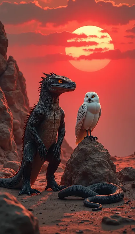 "Create a hyper-realistic image of a Komodo dragon, a snowy owl, and a snake side by side in a desolate, rocky desert under a blood-red sunset. The Komodo dragon stands with its rough, powerful build; the snowy owl perches on a boulder, its white feathers ...