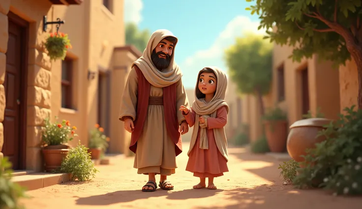 Mary and Joseph in Nazareth,  showing the simplicity of daily life , Pixar Disney style.