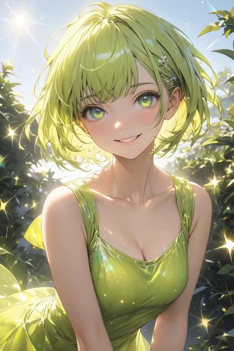  semi-realistic ,  Masterpiece  , masterpiece, perfection , 4K, 1 Female,  medium sized breasts ,  pixie cut,  Lemon colored hair,  bright green eyes with sparkles ,  smiles,  sleeveless, clavicle,  standing posture ,  sky background ,  white background , ...