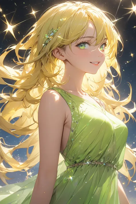  semi-realistic ,  Masterpiece  , masterpiece, perfection , 4K, 1 Female,  medium sized breasts ,  long hair on background,  Lemon colored hair,  bright green eyes with sparkles ,  smiles,  sleeveless, clavicle,  standing posture ,  sky background ,  white...