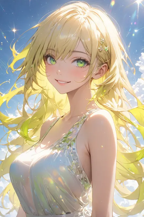  semi-realistic ,  Masterpiece  , masterpiece, perfection , 4K, 1 Female,  medium sized breasts ,  long hair on background,  Lemon colored hair,  bright green eyes with sparkles ,  smiles,  sleeveless, clavicle,  standing posture ,  sky background ,  white...