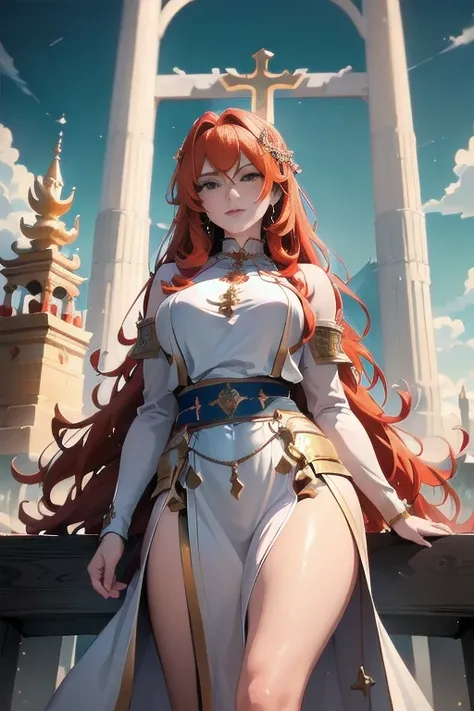  realistic 、Detailed full body、(1 male,Holy Knight ),(1 Female,A female knight wearing a full set of sacred equipment and sacred weapons,(Vulgar:1.0),(hope:1.2) ,(Love 1 .2),(Pleasure:1.0), Orange Strong Red Hair  , length,  fluffy slightly curly hair,, Ho...