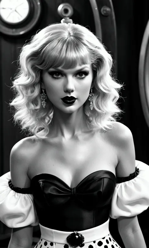 Taylor Swift in the role of a trailer trash Cruella De Vil (iconic black and white Disney hair, overdone slut makeup, trampy clothes naval exposed), drunk Sultry, tossing a gift at viewer
