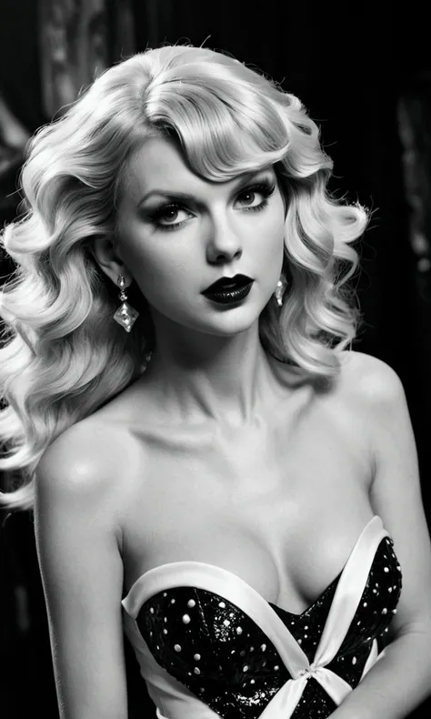 Taylor Swift in the role of a trailer trash Cruella De Vil (iconic black and white Disney hair, overdone slut makeup, trampy clothes naval exposed), drunk Sultry, tossing a gift at viewer
