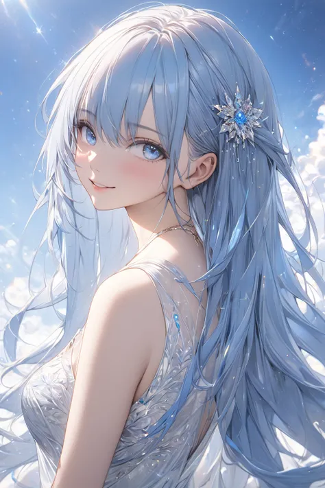  semi-realistic ,  Masterpiece  , masterpiece, perfection , 4K, 1 Female,  medium sized breasts ,  straight long hair,   sky blue hair ,  bright blue eyes with sparkles ,  smiles,  sleeveless, clavicle,  standing posture ,  sky background ,  white backgrou...