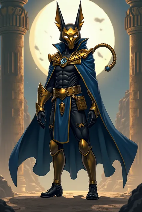 Make the little Anubis with the Moon Knights outfit and a gold mask , Pokémon style based on Lucario and Beerus. With light clothes and Goku pants