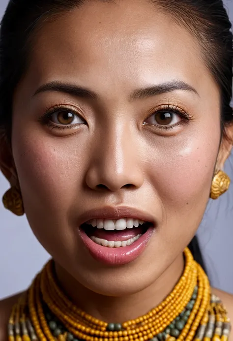 Ultra detailed photo of javanese woman, beautiful girl, highest quality realistic skin, eyes in focus, 40 years old, focus on mouth, open mouth, saliva, open mouth wide, inside of mouth visible, ponytail hair, mouth open wide, uvula visible, turn the face ...