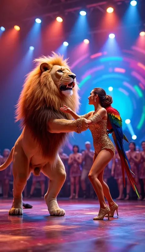 "Create a vibrant and energetic scene on a brightly lit stage, featuring a beautiful woman, a majestic lion, and a colorful parrot, all dancing together. The lion, with a golden mane and a regal posture, is the same size as the woman, while the parrot, wit...