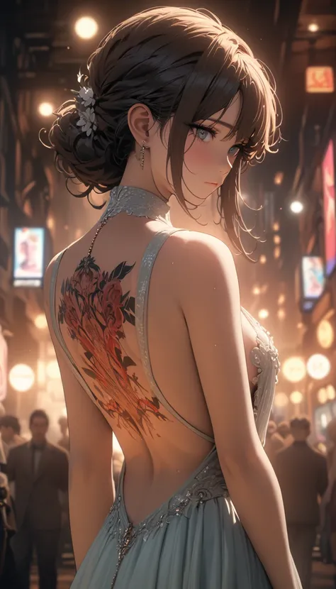 official art, unified 8k wallpaper, Super detailed, Beautiful and beautiful, masterpiece, best quality,Backless evening dress，Beauty close-up，Turn your back to me，Look back at me，Flower tattoo on back，Hojoji manga art style，Neon special effects，movie light...