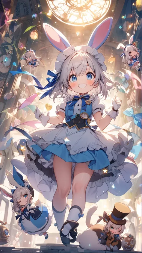 ( cute) Alice in Wonderland、 best quality 、heart、smile、beautiful、 Silver Hair、 winks(Looking up、 close one eye )、Full body、Ribbon on head( blue ribbon、Stand tall)、 Light Shines In 、beautifulな指、 Alice in Wonderland(Guide Rabbit、Mad Hatter、 cheshire cat 、hea...