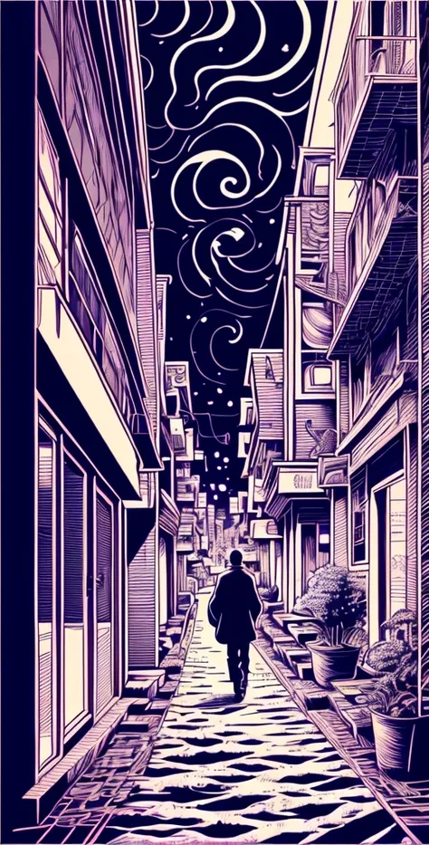   night back alley illustration、  Ito Junji、Umetsu Kazuo Art  、  Ito Junji  、  psychedelic、LSD cartoon  、Swirl