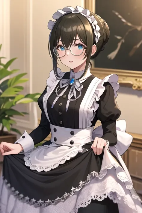  Masterpiece  ,  top quality,  high definition , Efumika,  idolmaster, single hair bun, Maid headdress, sidelocks, Glasses, frills, brooch, Maid,  black dress,  puff sleeve ,  Long Sleeve , Maid apron,  white apron, indoor,  standing,  skirt hold,