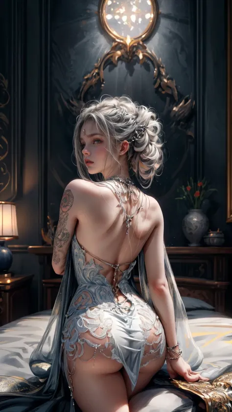 Create a hyper detailed photograph of a tattooed young sexy , Stunningly perfect gorgeous feminine face, perfect makeup, detailed vibrant eyes, platinum  dutch hair, long detailed beautiful legs, detailed beautiful  arms, big thighs, detailed silky smooth ...