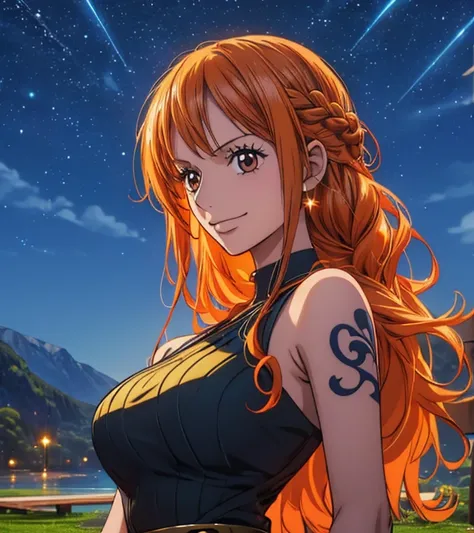 (masterpiece, top quality, 4K, 8k,   high definition  , 最高masterpiece:1.2),  super detailed, ( realistic , photo realistic , photo- realistic :1.37),   Maintaining Anime Style  ,  Nami in One Piece,(( 1 girl)), pale orange hair hidden in thick grass ,Beaut...