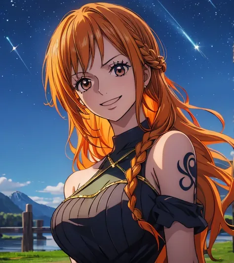 (masterpiece, top quality, 4K, 8k,   high definition  , 最高masterpiece:1.2),  super detailed, ( realistic , photo realistic , photo- realistic :1.37),   Maintaining Anime Style  ,  Nami in One Piece,(( 1 girl)), pale orange hair hidden in thick grass ,Beaut...