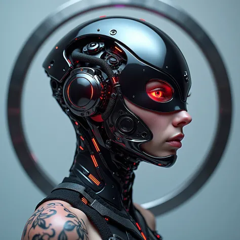 : "A hyper-detailed portrait of a futuristic human in a cyberpunk world, wearing a complex biomechanical mask that blends seamlessly with their skin. The mask is composed of polished, dark chrome plates, angular mechanical components, and intricate metalli...