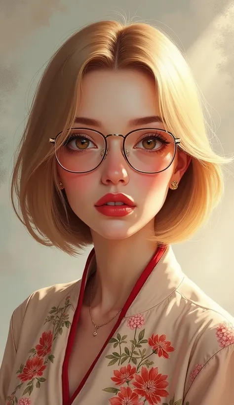 "A highly detailed digital painting of an elegant European woman with blonde hair, embodying confidence and creativity. She has an oval face with smooth, light chestnut-colored bobbed hair, styled neatly just above the shoulders. She wears thin-rimmed roun...