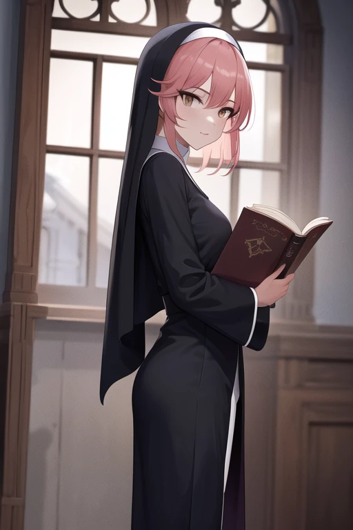  Masterpiece  ,  top quality,  high definition , Amica, pink hair, a woman in a Nuns outfit holding a book, Nuns, Nuns outfit, Nuns fashion model, vampire Nuns, Wearing a black robe, an evil Nuns,   Wearing a Dark Purple Robe 