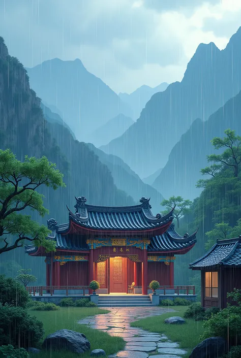  Chinese style , It&#39;s raining, Blue ,  Mountain Side Shrine, house