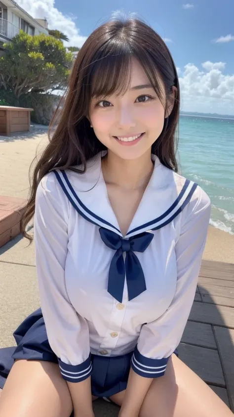  Big Breasts , smile,  sexy、  slim,She looks young like a high school girl、 uniform、Close to real life、 ocean、barbecue、akimoto manatsu、Downcast eyes、 sailor suit 