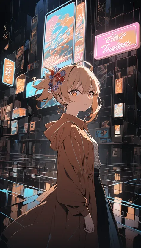 yoimiya, bangs, blonde hair, hair ornament, hair between eyes, ponytail, sidelocks, orange eyes, light brown hair ,a woman in casual 70s attire,crossing a wide plaza in a city,illuminated by distant skyscrapers,neon lights in blue and teal,wet pavement ref...