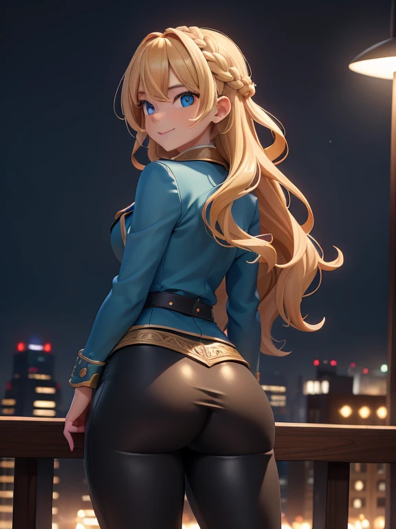 ((Masterpiece)), ((Best Quality)), Ultra High Resolution, HDR, absurderes, 8K, (1 girl), intricate details, ultra-detailed, dramatic lighting, ] smile, 27-year-old woman, beautiful woman, Gen-Z, a Zoomer, blue eyes, blonde hair, wavy hair, blue jacket, bla...