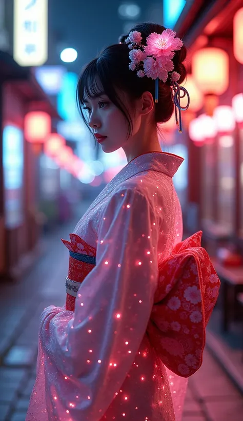 https://s.mj.run/n2PiceJsnHE cyber-geisha standing in front of a glowing neon Kyoto street, traditional kimono with glowing, transparent fabric, digital flowers floating around her, futuristic high-tech hair ornaments, soft glowing lanterns casting light i...