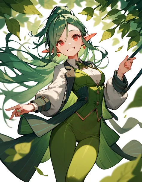 girl, dark green hair ,Elf,Im tight , Smiling , Floating Waistcoat , in red eyes ,The hair is a leaf.,cute