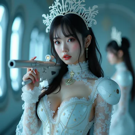 (best quality), future, Realistic, film rendering, (large cleavage,Big tits),(1 girl,korea face sexy , pale skin, (body heigth:140cm), innocent look, Young face,Beauty, photorealistic, a beautiful Asian woman holding a futuristic sniper rifle,((Highest qua...