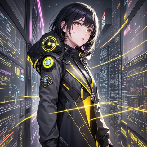 from future intelligence, technology background, complex mystery, unexpected variables, sudden result, strange things, transient waves, light fog, colorful signals, confident look, space black pioneer dress, yellow eyes, black hair